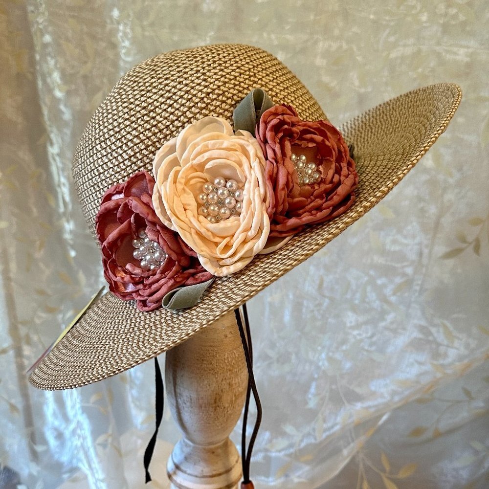 Elegant Women's Tweed Sun Hat With Satin Flowers And Pearls Wedding Tea Party